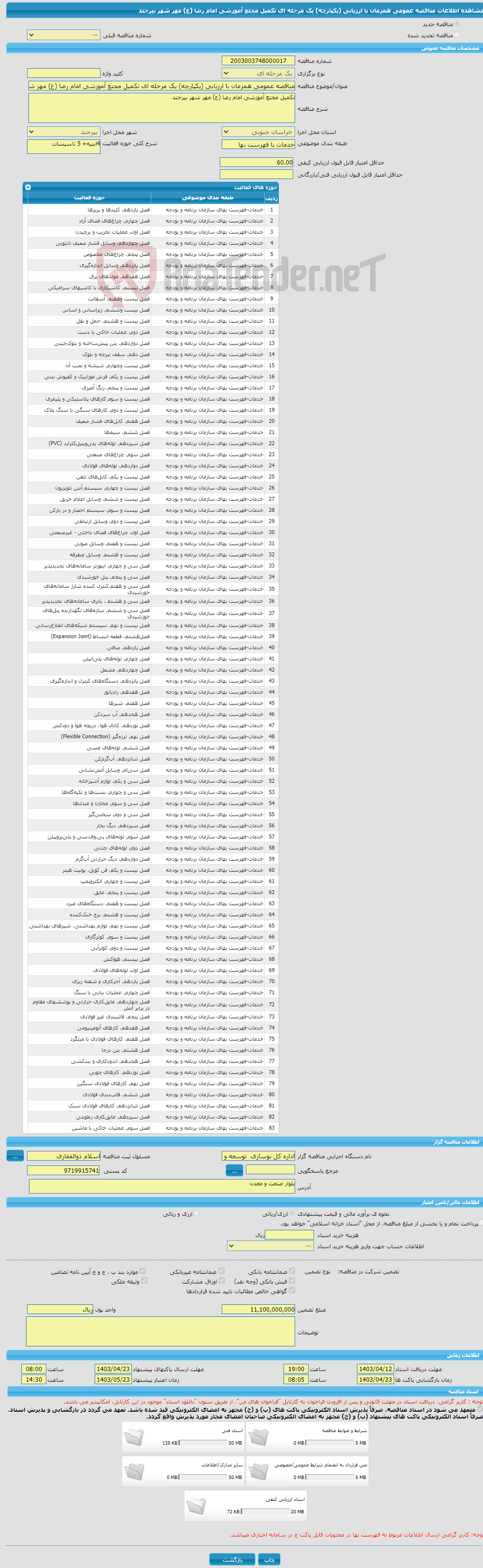 تصویر کوچک آگهی مناقصه عمومی همزمان با ارزیابی (یکپارچه) یک مرحله ای تکمیل مجتع آموزشی امام رضا (ع) مهر شهر بیرجند