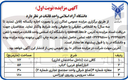 تصویر کوچک آگهی اجاره یکساله :
1- کافی نت (داخل ساختمان اداری)
2- انبار (ضلع غربی) ۲ باب
3- مغازه شماره ۴ (ضلع شرقی واحد مجتمع تجاری شماره ۲) 
4- سلف سرویس روبروی اورژانس
