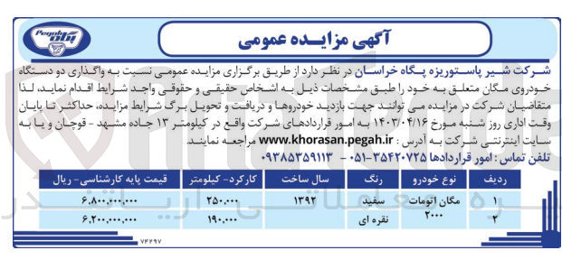 تصویر کوچک آگهی واگذاری دو دستگاه خودروی مگان اتومات 2000 متعلق به خود