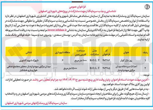 تصویر کوچک آگهی شناسایی و جذب سرمایه گذار جهت مشارکت در پرژه روز بازار کوثر