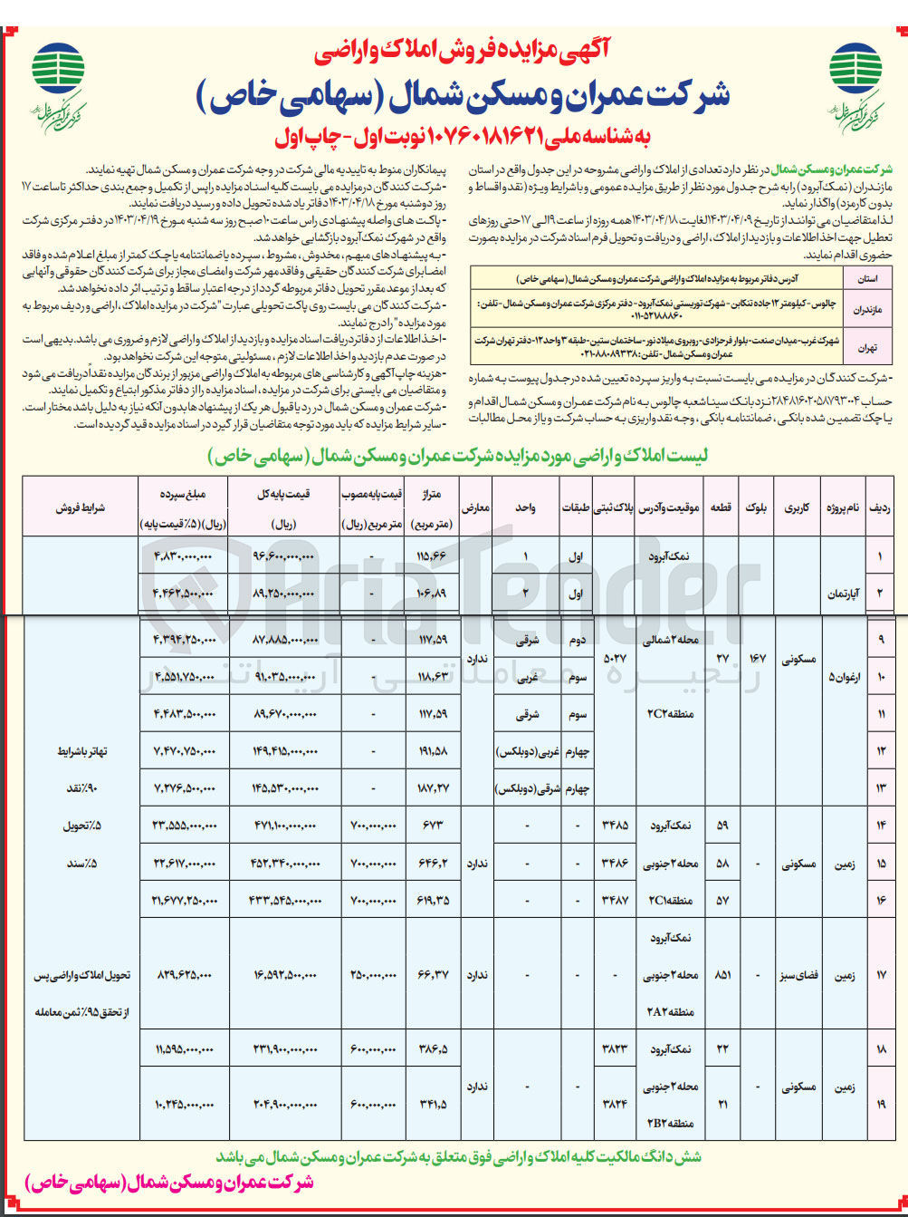 تصویر کوچک آگهی واگذاری تعدادی از املاک و اراضی واقع در استان مازندران نمک آبرود با کاربری های مسکونی و فضای سبز 
