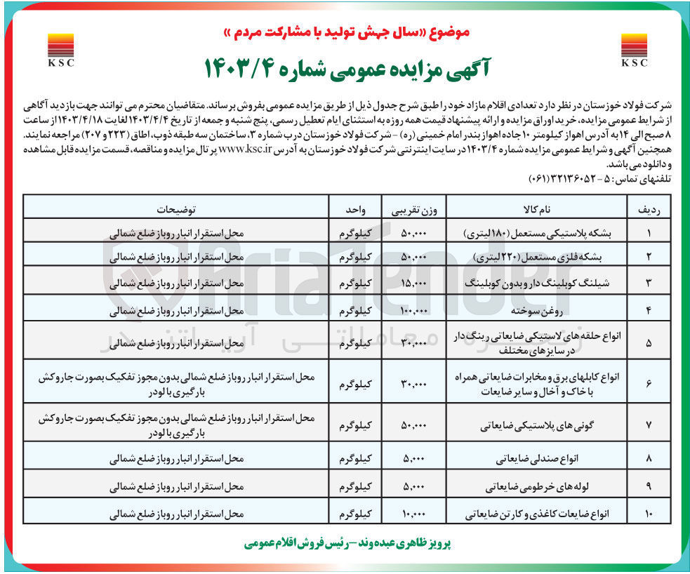 تصویر کوچک آگهی فروش تعدادی از اقلام در 10 ردیف:
بشکه پلاستیکی -روغن سوخته -گونی پلاستیکی -انواع صندلی ضایعاتی  و.....