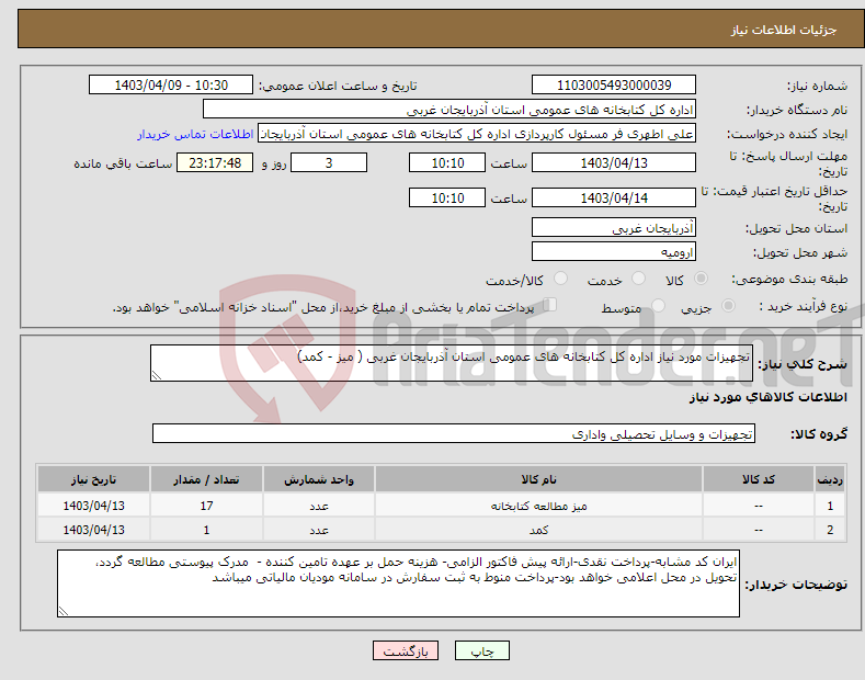 تصویر کوچک آگهی نیاز انتخاب تامین کننده-تجهیزات مورد نیاز اداره کل کتابخانه های عمومی استان آذربایجان غربی ( میز - کمد)