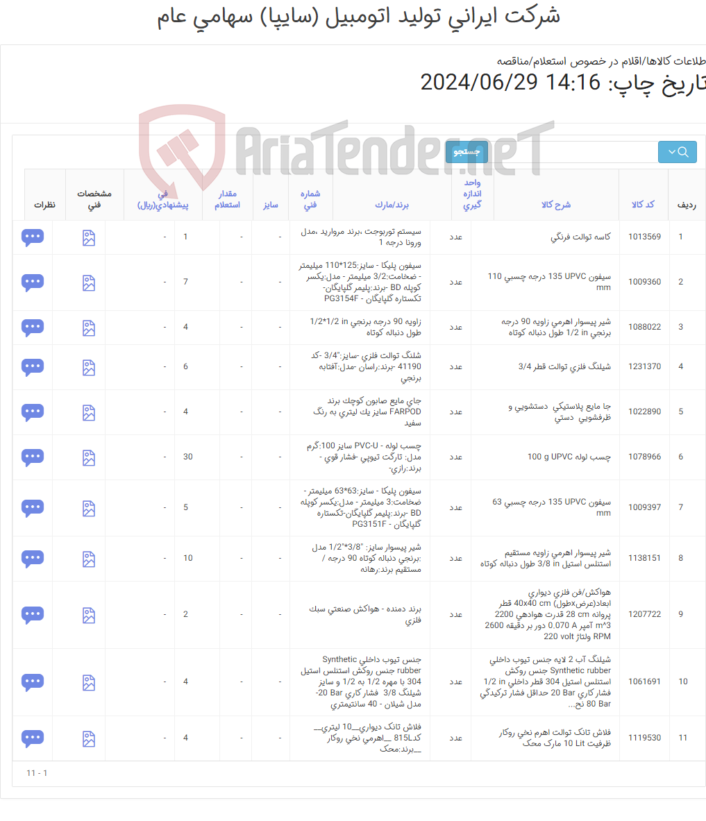 تصویر کوچک آگهی اقلام تاسیساتی ( اقلام سرویسهای بهداشتی )