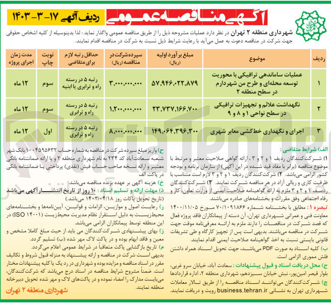 تصویر کوچک آگهی اجرای و نگهداری خط کشی معابر شهری
