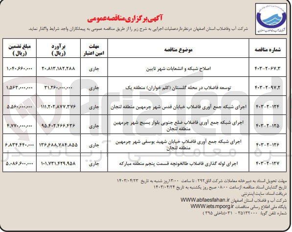 تصویر کوچک آگهی اجرای شبکه جمع آوری فاضلاب خیابان شهید یوسفی شهر چرمهین منطقه لنجان