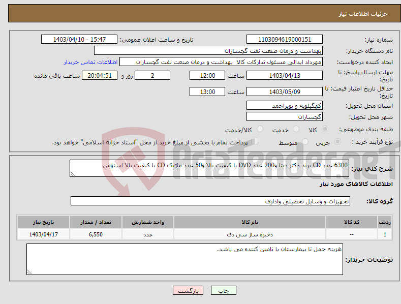 تصویر کوچک آگهی نیاز انتخاب تامین کننده-6300 عدد CD برند دکتر دیتا و200 عدد DVD با کیفیت بالا و50 عدد ماژیک CD با کیفیت بالا اسنومن