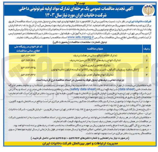 تصویر کوچک آگهی تامین برخی از اقلام مورد نیاز خطوط تولیدی خود در 4 ردیف شامل : 1- تدارک اقلام تنباکو سنتی در هشت ردیف 2- تدارک انواع ردیف های bopp در سیزده ردیف 3- تدارک اقلام پرایمری شامل: الکل سفید پروپیلن کلیکول شیرین بیان پودر کاکائو و کیسه نایلون تخلیه توتون 4- تدارک انواع هالوگرام در دو ردیف
