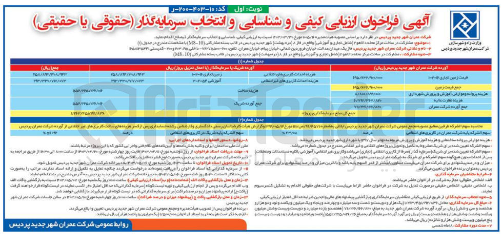 تصویر کوچک آگهی مشارکت در ساخت مرکز محله دالاهو 2 شامل تجاری و آموزشی واقع در فاز 8 دره بهشت شهر جدید پردیس در قالب بسته مشارکتی M8-10