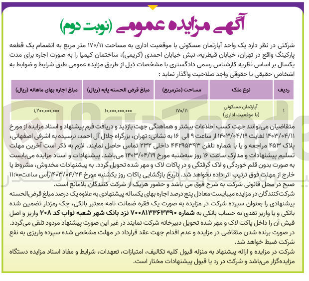 تصویر کوچک آگهی واگذاری یک واحد آپارتمان با موقعیت اداری به مساحت 170/11 متر مربع 