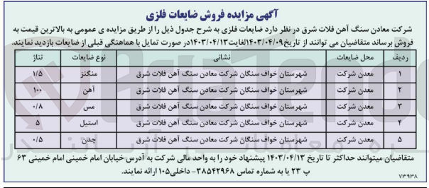 تصویر کوچک آگهی فروش ضایعات فلزی :
منگنز - هن - مس - استیل - چدن