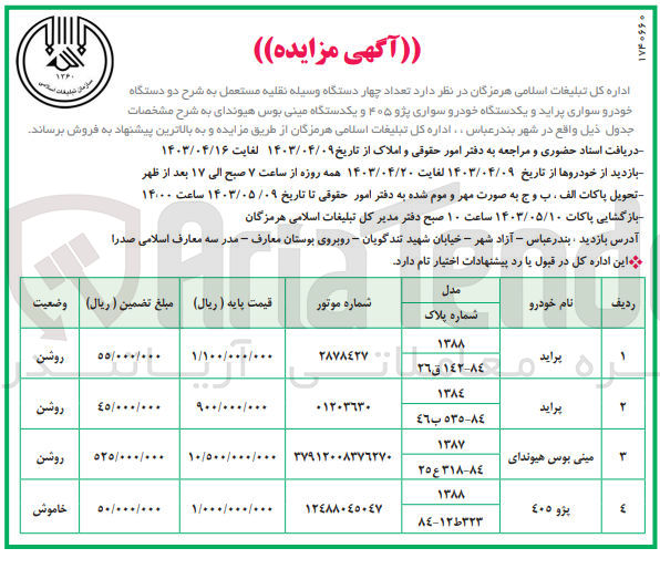 تصویر کوچک آگهی فروش تعداد چهار دستگاه وسیله نقلیه مستعمل به شرح دو دستگاه خودرو سواری پراید و یکدستگاه خودرو سواری پژو ۴۰۵ و یکدستگاه مینی بوس هیوندای 
