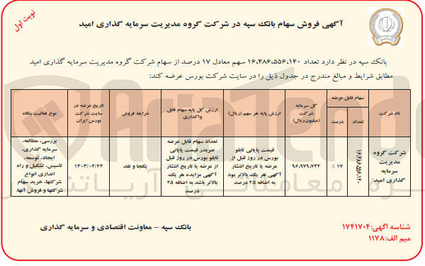 تصویر کوچک آگهی فروش تعداد ۵۵۶،۱۴۰، ۱۶،۴۸۶ سهم معادل ۱۷ درصد از سهام شرکت گروه مدیریت سرمایه گذاری امید 