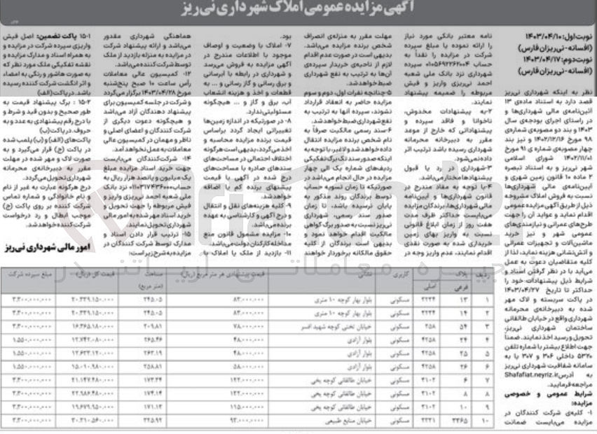 تصویر کوچک آگهی فروش املاک در 10 ردیف با کاربری مسکونی و عواید آن جهت طرحهای عمرانی و نیازمندیهای عمومی شهر و نیز خرید ماشین آلات و تجهیزات عمرانی و آتش نشانی هزینه شود