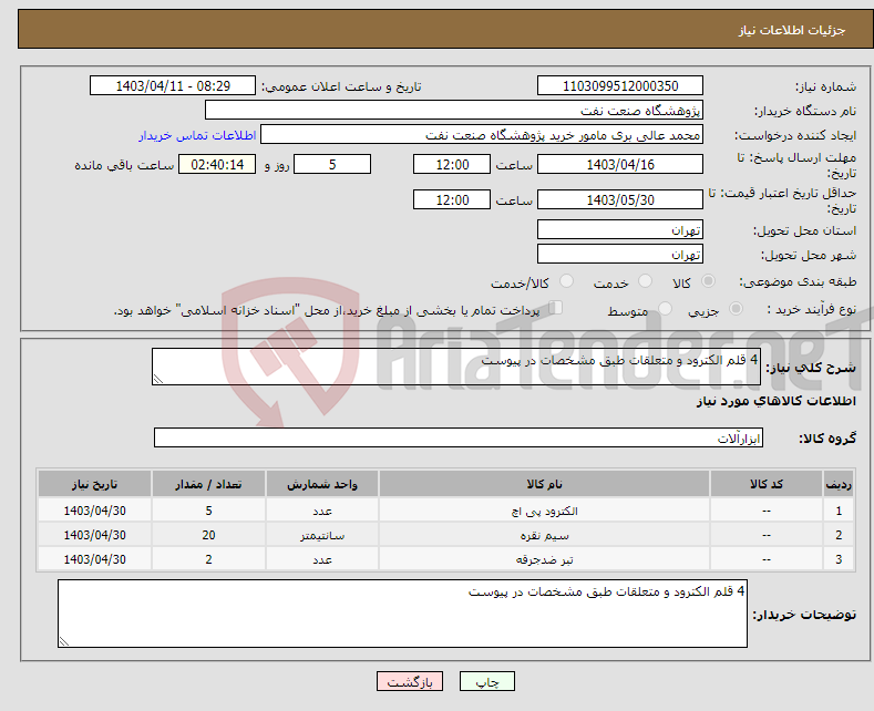 تصویر کوچک آگهی نیاز انتخاب تامین کننده-4 قلم الکترود و متعلقات طبق مشخصات در پیوست