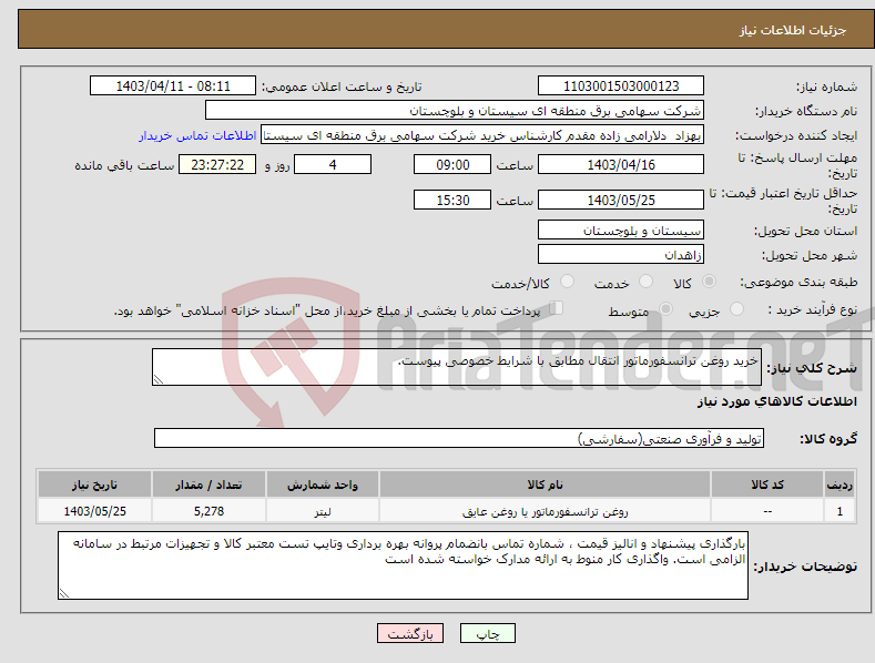 تصویر کوچک آگهی نیاز انتخاب تامین کننده-خرید روغن ترانسفورماتور انتقال مطابق با شرایط خصوصی پیوست.