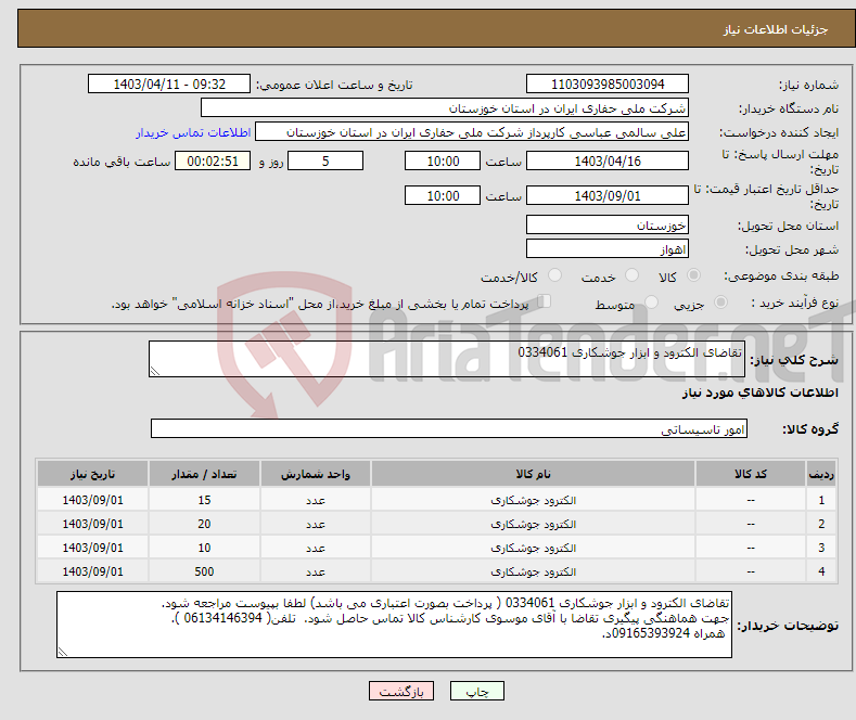 تصویر کوچک آگهی نیاز انتخاب تامین کننده-تقاضای الکترود و ابزار جوشکاری 0334061