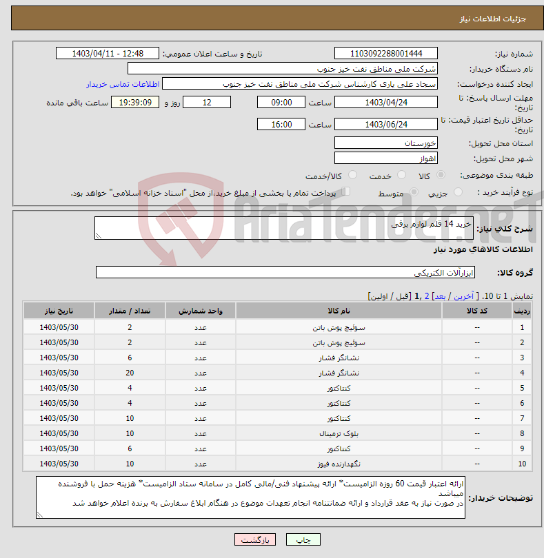 تصویر کوچک آگهی نیاز انتخاب تامین کننده-خرید 14 قلم لوازم برقی