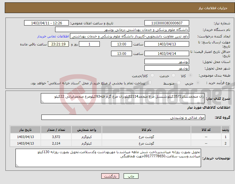 تصویر کوچک آگهی نیاز انتخاب تامین کننده-ران منجمدسایز3572کیلو.شنسل مرغ منجمد2114کیلو.ران مرغ گرم فله93کیلومرغ منجمدایرانی 22کیلو