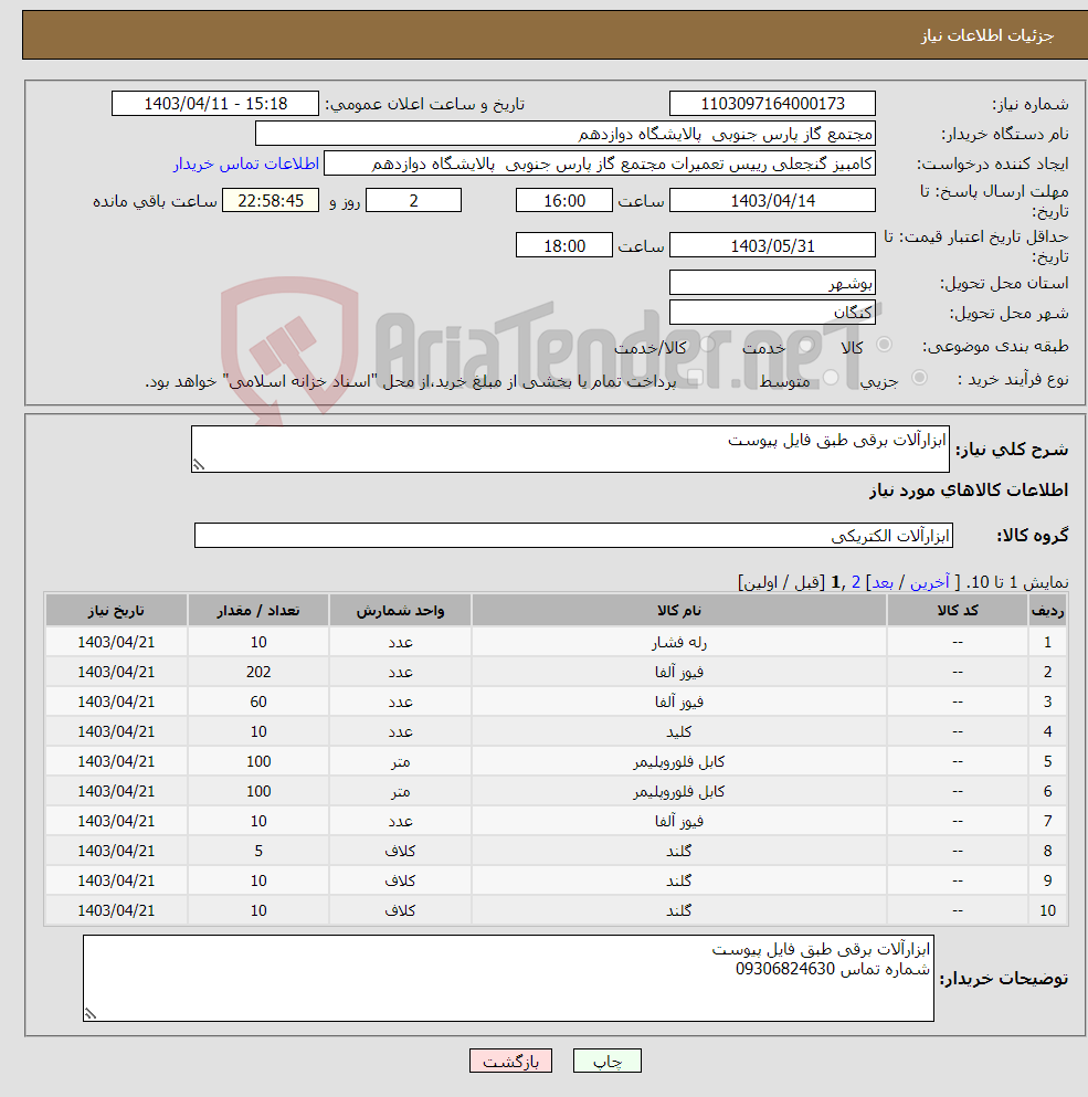 تصویر کوچک آگهی نیاز انتخاب تامین کننده-ابزارآلات برقی طبق فایل پیوست