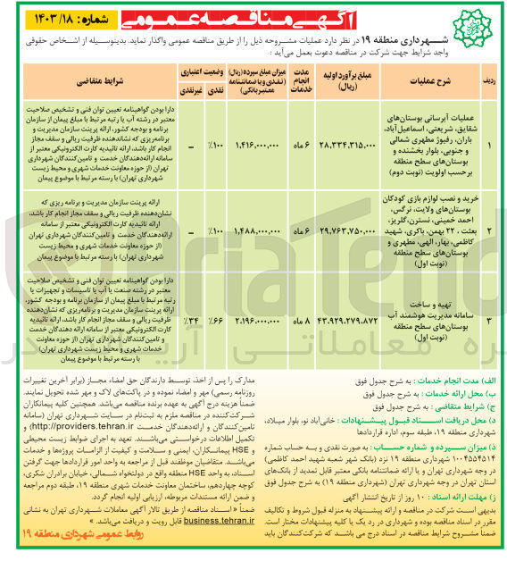 تصویر کوچک آگهی عملیات آبرسانی بوستانهای شقایق شریعتی، اسماعیل آباد باران، رفیوژ مطهری شمالی و جنوبی بلوار بخشنده و بوستانهای سطح منطقه
