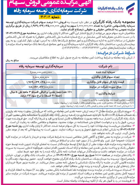 تصویر کوچک آگهی فروش 100 درصد سهام شرکت سرمایه گذاری توسعه سرمایه رفاه سهامی خاص به تعداد 1/000/000/000 سهم به ارزش 1/969/034/035/000/000 ریال 