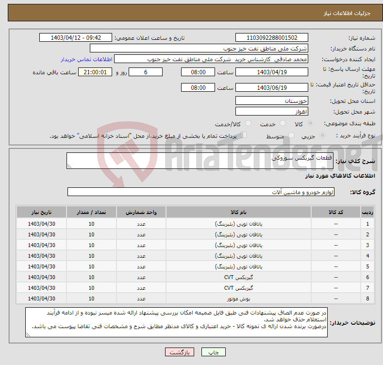 تصویر کوچک آگهی نیاز انتخاب تامین کننده-قطعات گیربکس سوزوکی