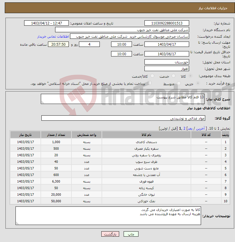 تصویر کوچک آگهی نیاز انتخاب تامین کننده-13 قلم کالا مطابق شرح پیوست