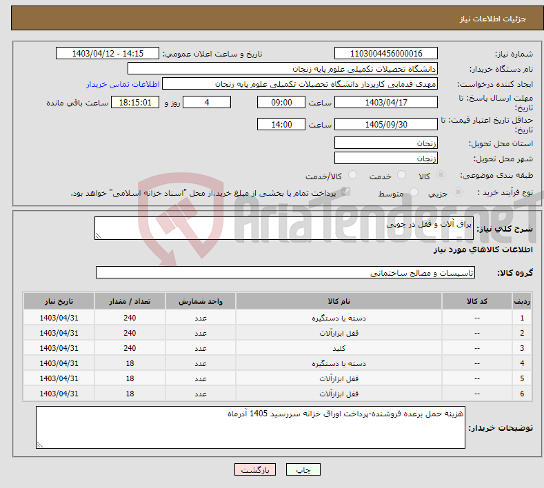 تصویر کوچک آگهی نیاز انتخاب تامین کننده-یراق آلات و قفل در چوبی