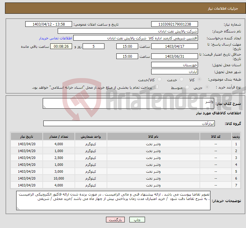 تصویر کوچک آگهی نیاز انتخاب تامین کننده-واشر