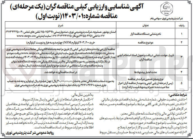 تصویر کوچک آگهی خرید 403،200 کیلوگرم nfm(چهارصدوسه هزارو دویست کیلوگرم)