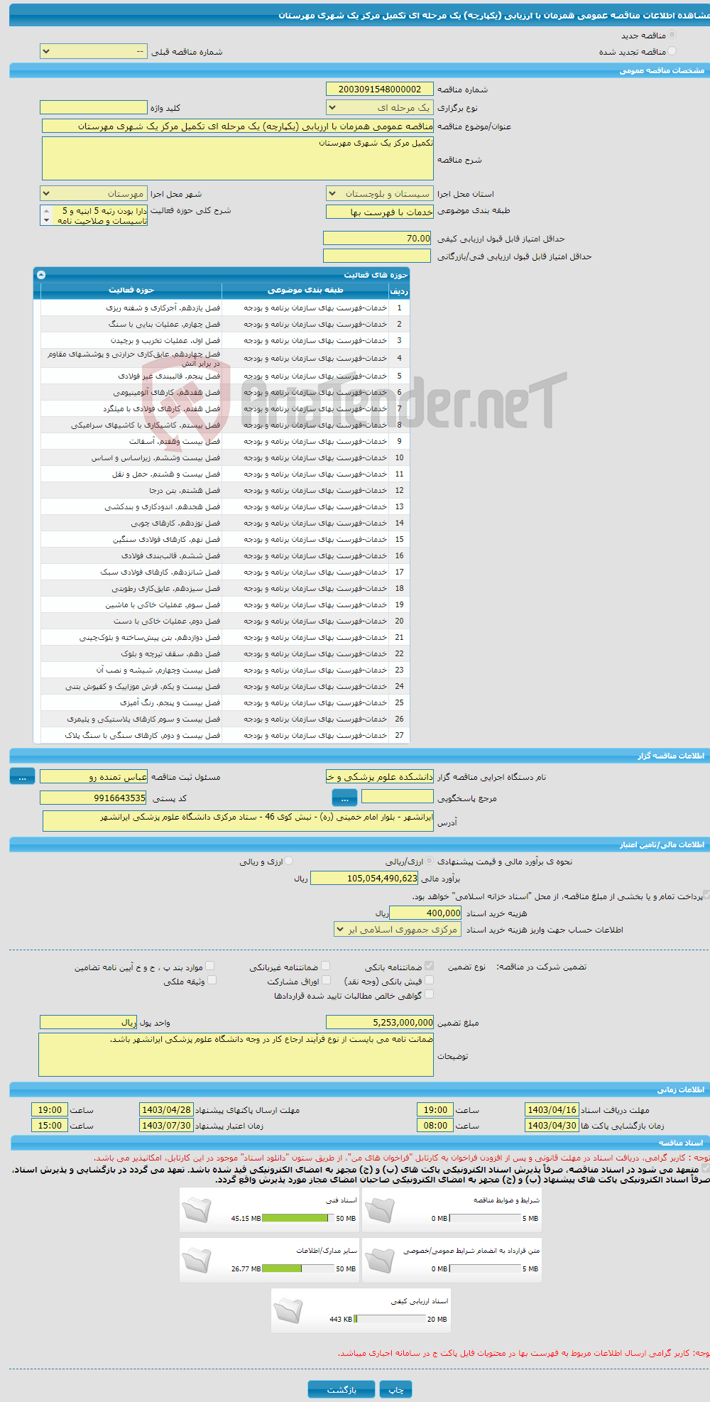 تصویر کوچک آگهی مناقصه عمومی همزمان با ارزیابی (یکپارچه) یک مرحله ای تکمیل مرکز یک شهری مهرستان