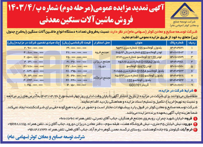 تصویر کوچک آگهی  فروش تعداد 9 دستگاه انواع ماشین آلات سنگین :
1- بلدوزر کوماتسو 155 شماره سری ۹۵۴۷
2- لودر کوماتسو 450 شماره سریال ۲۰۵۸۴ 
3- لودر W120 کوماتسو شماره سری ۱۳۷۲۱ 
4- بلدوز D155A2 شماره سری ۲۵۸۸۶ 
5- لودر W470 کوماتسو دورود 
6- بلدوز كوماتسو D155 شماره سری ۲۰۸۵۵ 
7- بلدوزر کوماتسو 155 شماره سری ۲۵۸۳۳ 
8- بلدوزر کوماتسو 155 
9- گریدر GD3761
