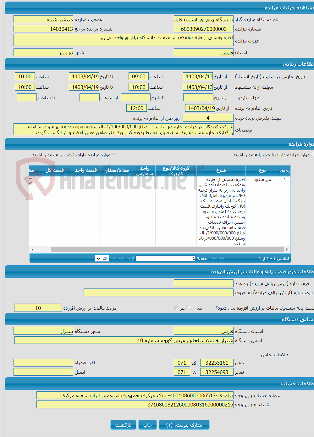 تصویر کوچک آگهی اجاره بخشی از طبقه همکف ساختمان دانشگاه پیام نور واحد نی ریز