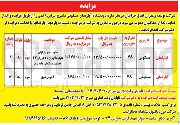 تصویر کوچک آگهی واگذاری دو دستگاه آپارتمان مسکونی به متراژ 78 مترمربع طبقه سوم بلوک یک واحد شماره 12 به آدرس مشهد سرافرازان بلوار دلاوران دلاوران 43 مجتمع مسکونی پایداری با قیمت کل پایه 19/500/000/000 ریال