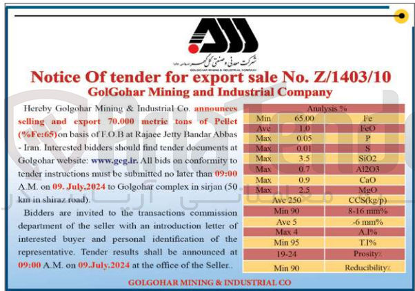 تصویر کوچک آگهی announces selling and export 70.000 metric tons of Pellet (%Fe:65)