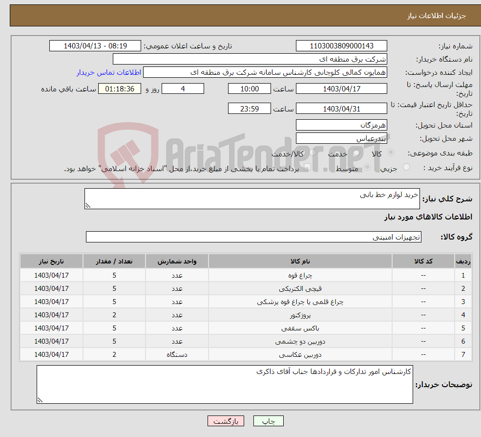 تصویر کوچک آگهی نیاز انتخاب تامین کننده-خرید لوازم خط بانی