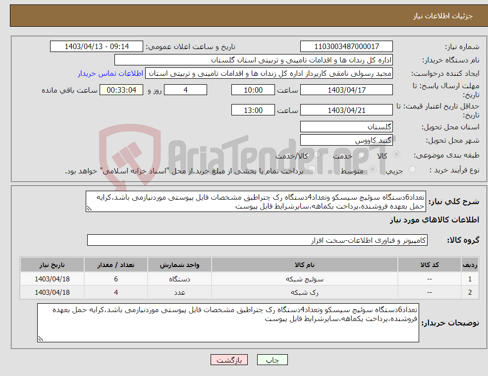 تصویر کوچک آگهی نیاز انتخاب تامین کننده-تعداد6دستگاه سوئیچ سیسکو وتعداد4دستگاه رک چتراطبق مشخصات فایل پیوستی موردنیازمی باشد،کرایه حمل بعهده فروشنده،پرداخت یکماهه،سایرشرایط فایل پیوست