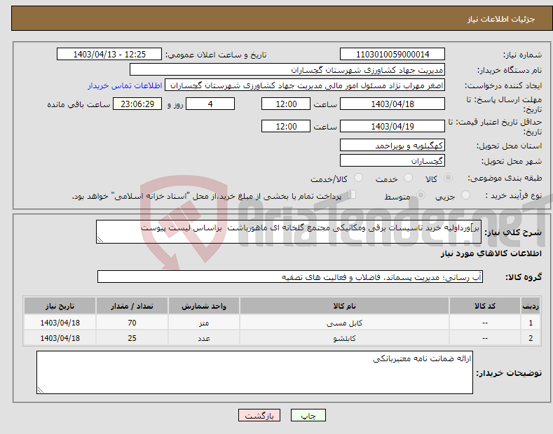 تصویر کوچک آگهی نیاز انتخاب تامین کننده-بر]ورداولیه خرید تاسیسات برقی ومکانیکی مجتمع گلخانه ای ماهورباشت براساس لیست پیوست