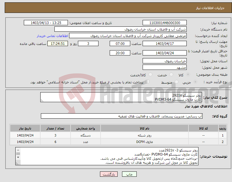 تصویر کوچک آگهی نیاز انتخاب تامین کننده-روتر سیسکو 2921v کارت ماژول سیسکو PVDM3-64