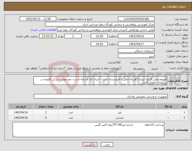 تصویر کوچک آگهی نیاز انتخاب تامین کننده-میزوصندلی گردان تیراژه*هزینه حمل با فروشنده است – ایران کد مشابه است- مشمولیت ارزش افزوده در سامانه اعلام گردد.