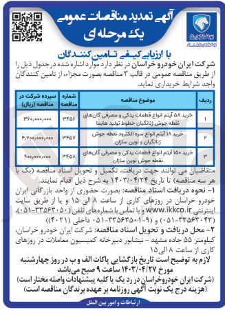 تصویر کوچک آگهی خرید 58 آیتم انواع قطعات یدکی و مصرفی کان های نقطه جوش خطوط تولید هایما