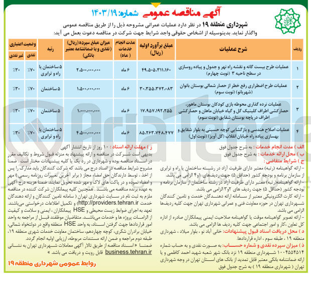 تصویر کوچک آگهی عملیات طرح اضطراری رفع خطر از حصار شمالی بوستان بانوان (شهربانو)
