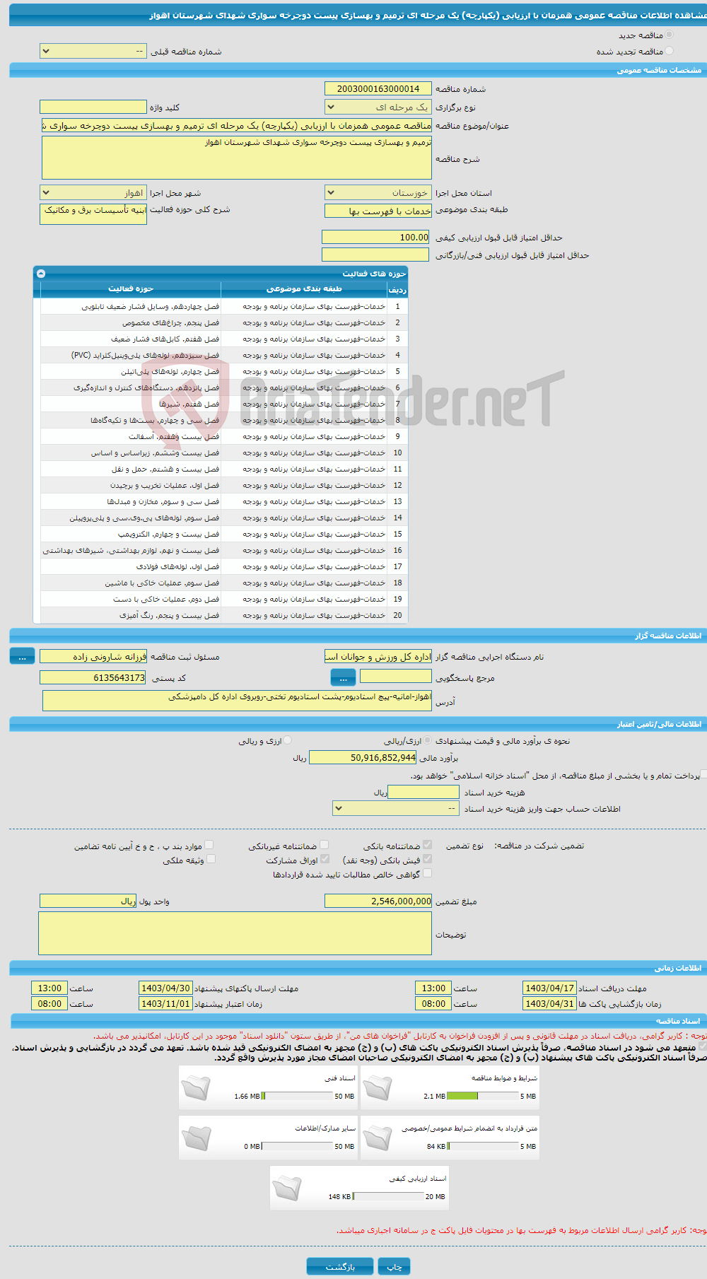 تصویر کوچک آگهی مناقصه عمومی همزمان با ارزیابی (یکپارچه) یک مرحله ای ترمیم و بهسازی پیست دوچرخه سواری شهدای شهرستان اهواز