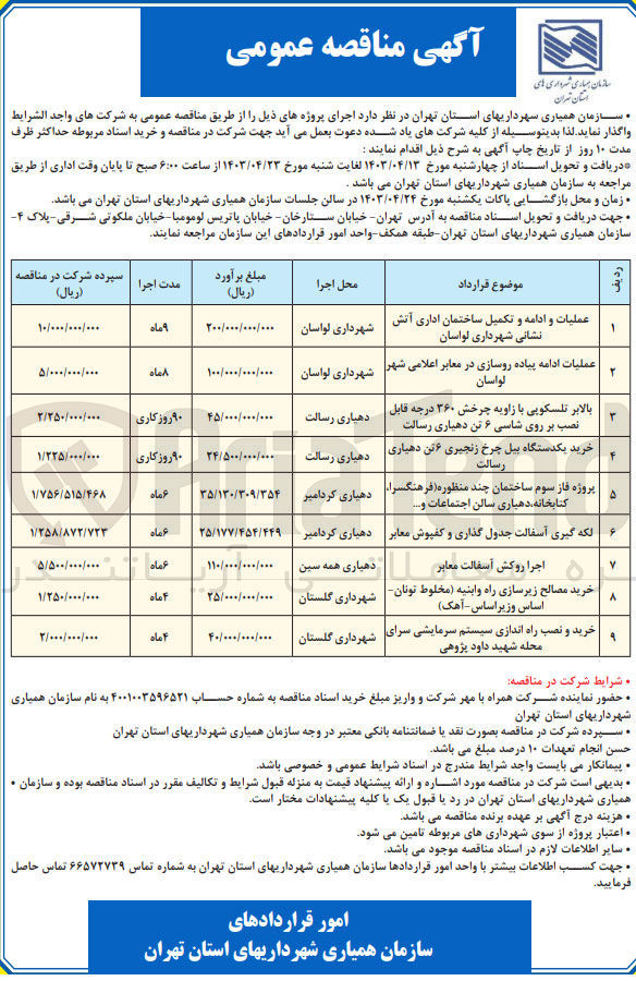 تصویر کوچک آگهی عملیات و ادامه تکمیل ساختمان اداری آتش نشانی شهرداری لواسان 