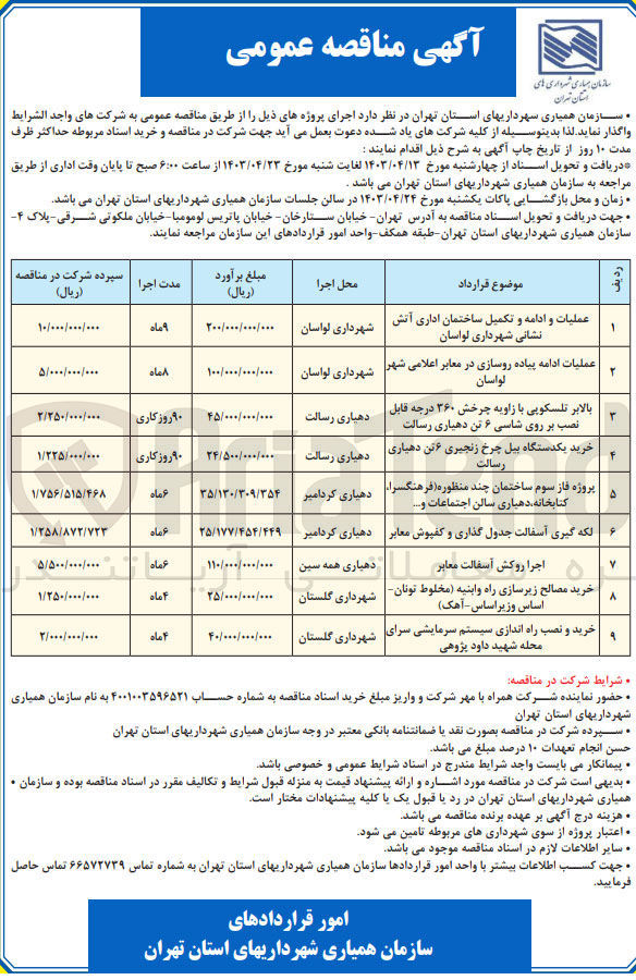 تصویر کوچک آگهی واگذاری پروژه فاز سوم ساختمان چند منظوره (فرهنگسرا ،کتابخانه ،دهیاری سالن اجتماعات و..)