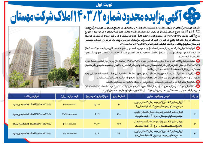 تصویر کوچک آگهی فروش 4 باب انباری در مجتمع مسکونی مهستان برج های b3 وb1 و c3
