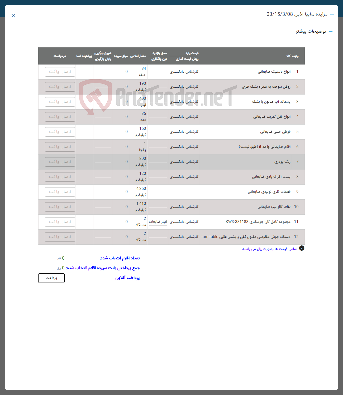 تصویر کوچک آگهی فروش اقلام در 12 دریف شامل :انواع لاستیک ضایعاتی -روغن سوخته -پسماند آب صابون با بشکه-انواع قفل -قوطی حلبی -رنگ پودری -بست-لفلاف و...