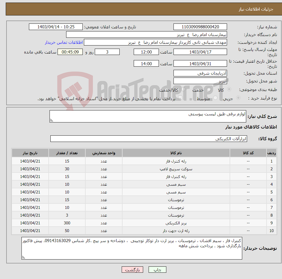 تصویر کوچک آگهی نیاز انتخاب تامین کننده-لوازم برقی طبق لیست پیوستی 