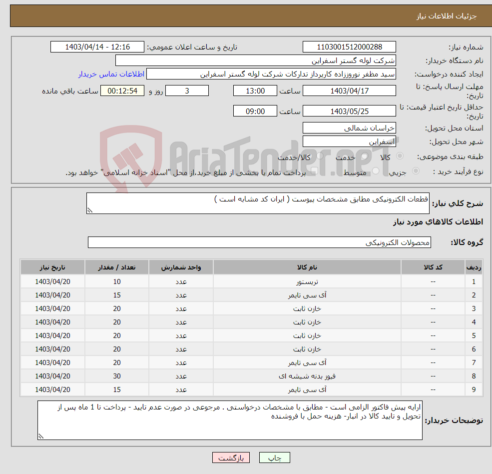 تصویر کوچک آگهی نیاز انتخاب تامین کننده-قطعات الکترونیکی مطابق مشخصات پیوست ( ایران کد مشابه است ) 